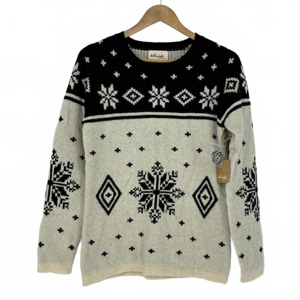 Telluride Women's Lambswool Cabincore Black and Cream Snowflake Pattern Sweater